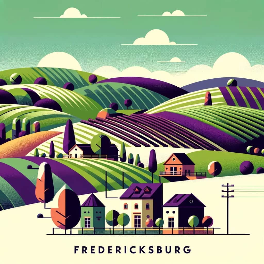 A minimalist graphic featuring rolling hills with geometric vineyards and cottages in Fredericksburg, symbolizing the best places to stay in Fredericksburg Tx