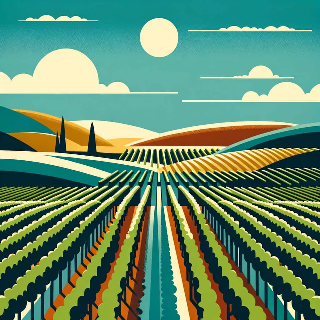 A flat, minimalist design of a Fredericksburg vineyard, with geometric rows of vines under a clear sky and rolling hills in the background.