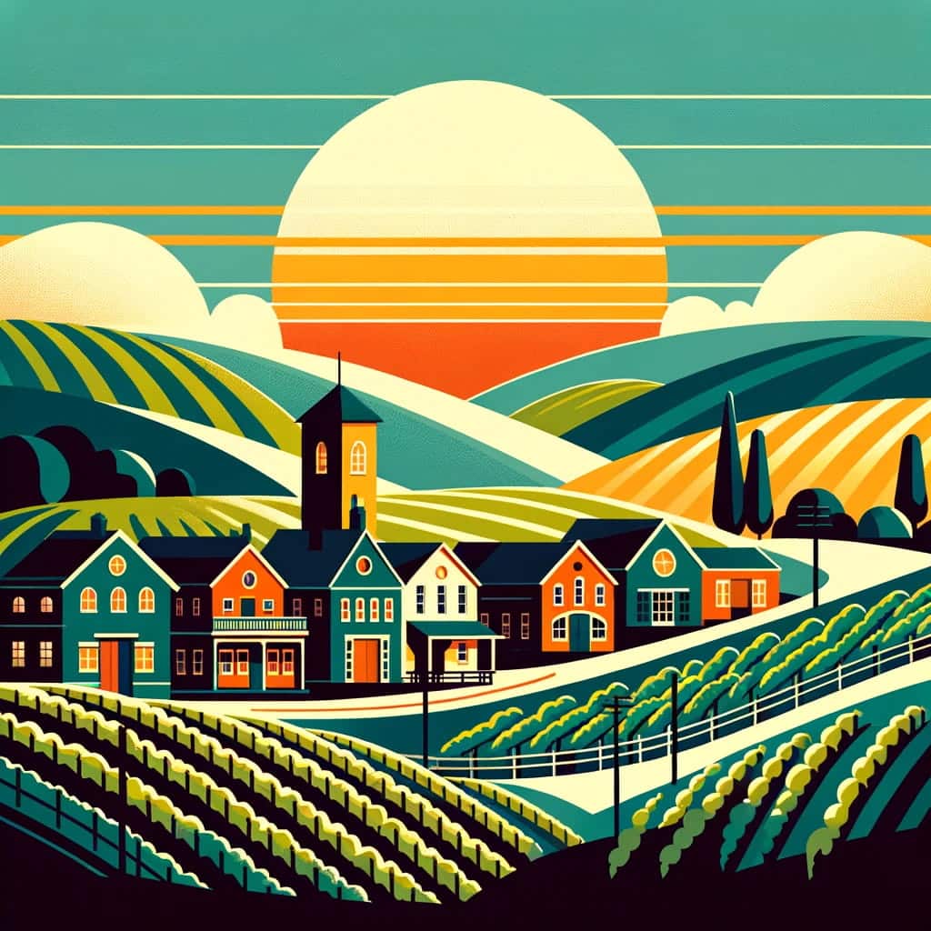 Simplistic depiction of Fredericksburg wine tasting and rolling hills with vineyards, historical buildings, and a sunset in bold colors and geometric shapes, highlighting the town's wine culture.